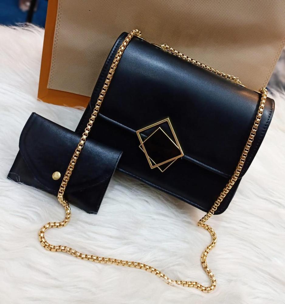 2 Pcs PU Leather Plain Hand Bag With Long Chain Strip For Girls