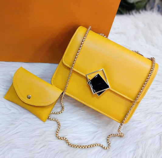 2 Pcs PU Leather Plain Hand Bag With Long Chain Strip For Girls