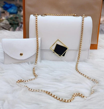 2 Pcs PU Leather Plain Hand Bag With Long Chain Strip For Girls