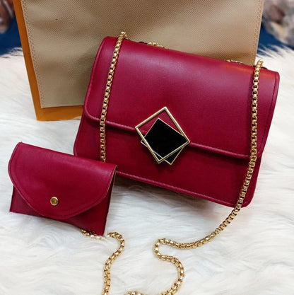 2 Pcs PU Leather Plain Hand Bag With Long Chain Strip For Girls