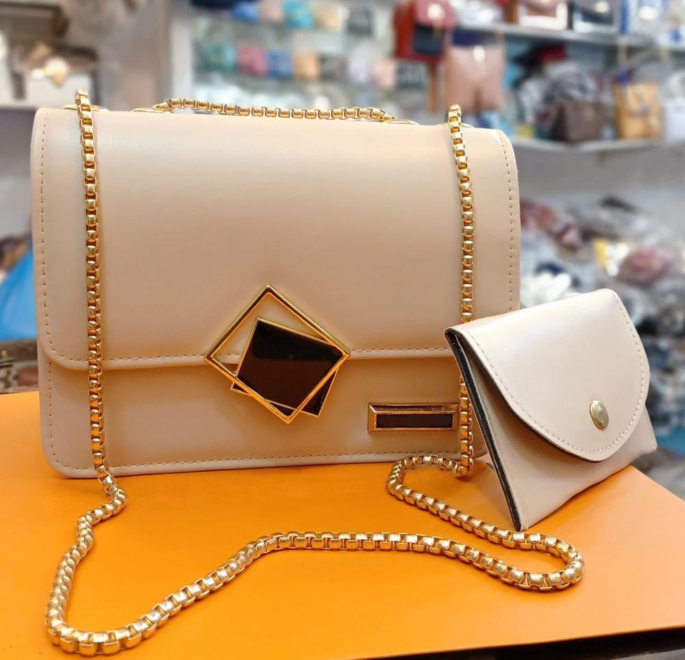 2 Pcs PU Leather Plain Hand Bag With Long Chain Strip For Girls