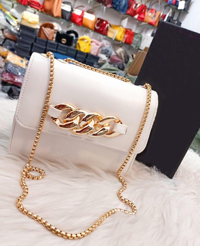 PU Leather Plain Hand Bag With Long Chain Strip